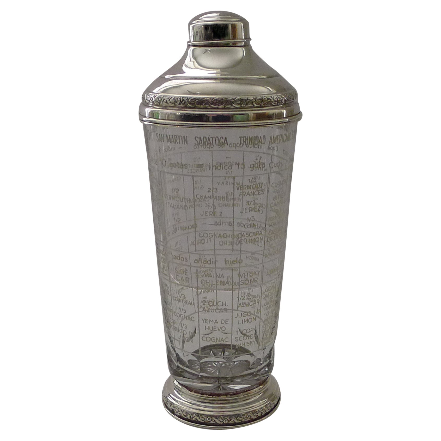 Rare shaker à cocktail de recette Art Déco en argent sterling espagnol  c.1940 En vente sur 1stDibs