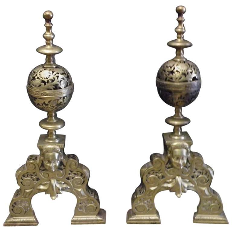 Pair of 19th Century Brass Louis XIV Style Andirons