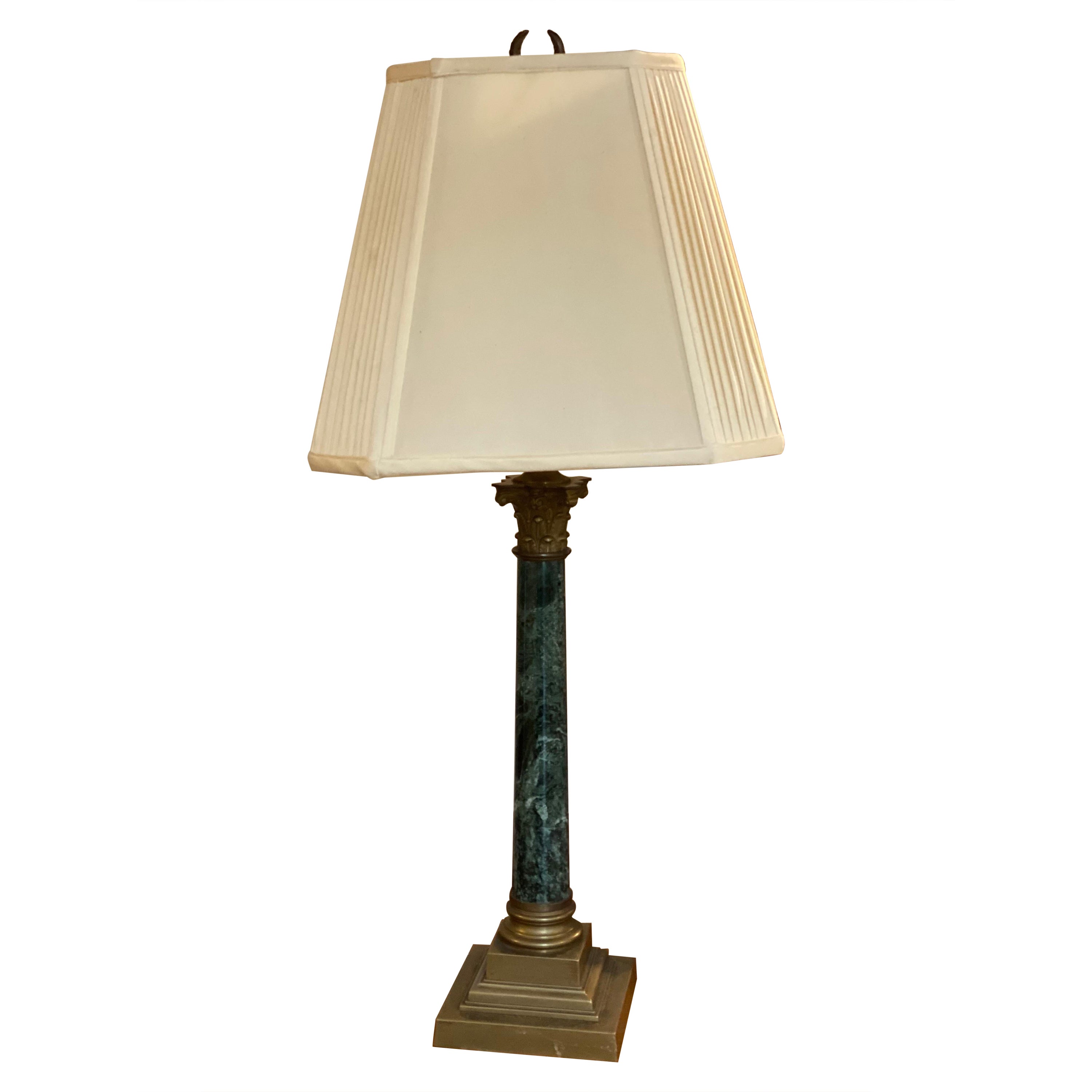 Green Marble & Brass Corinthian Column Lamp For Sale