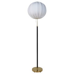 Mid-Century Brass Black Leather Floor Lamp Falkenbergs Belysning, Sweden, 1960s