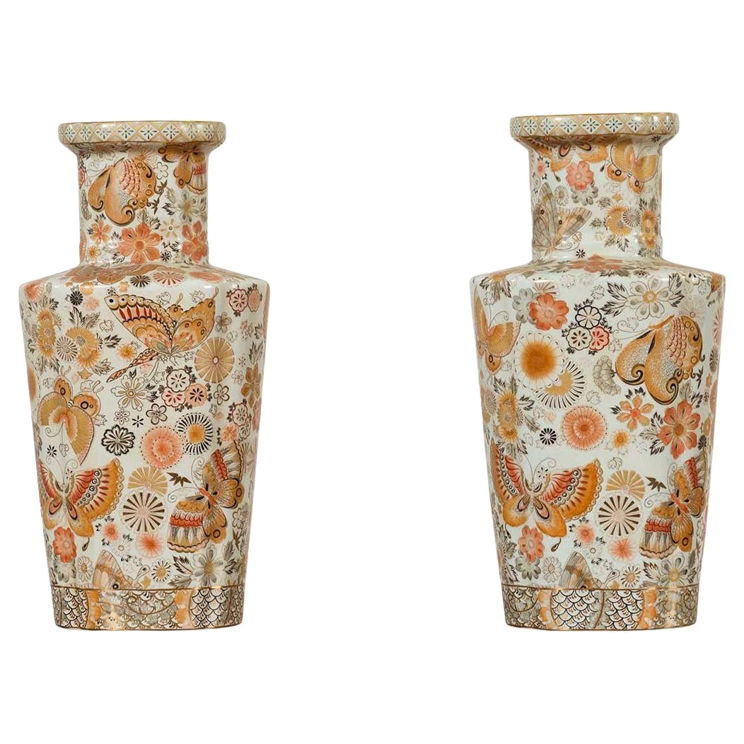 Pair of Chinese Vintage Japanese Kutani Style Vases with Flowers and Butterflies For Sale