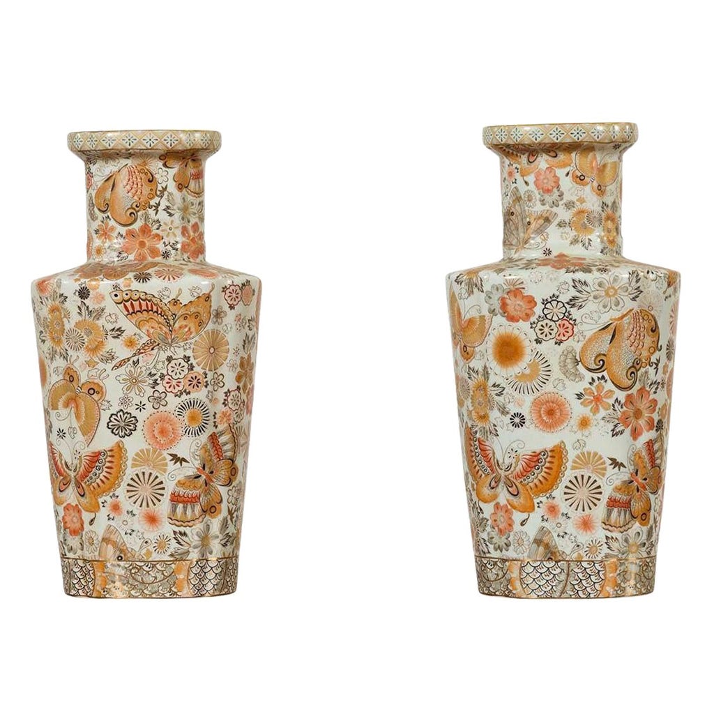 Pair of Vintage Japanese Kutani Style Vases with Flowers and Butterflies