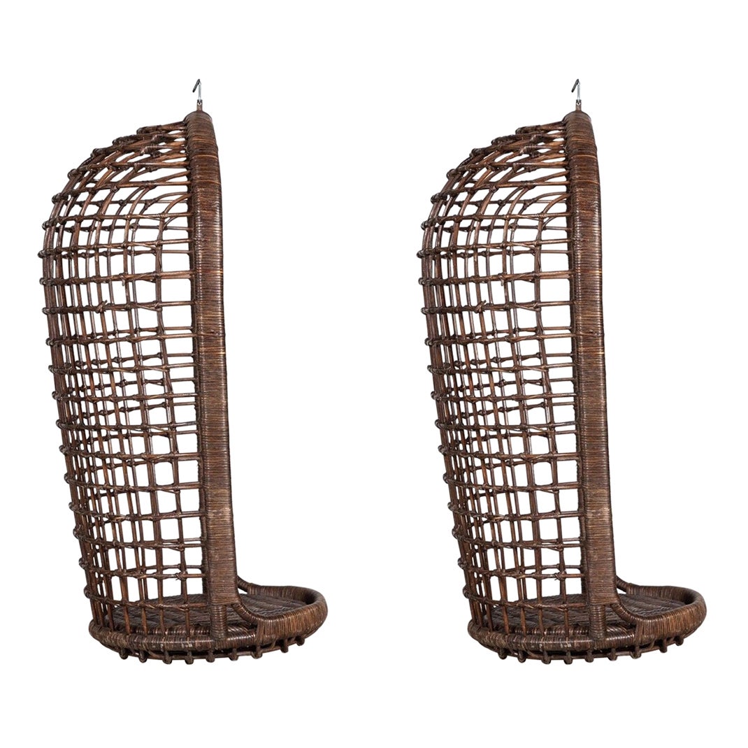 MidC French Bamboo Rattan Swinging Egg Chair For Sale
