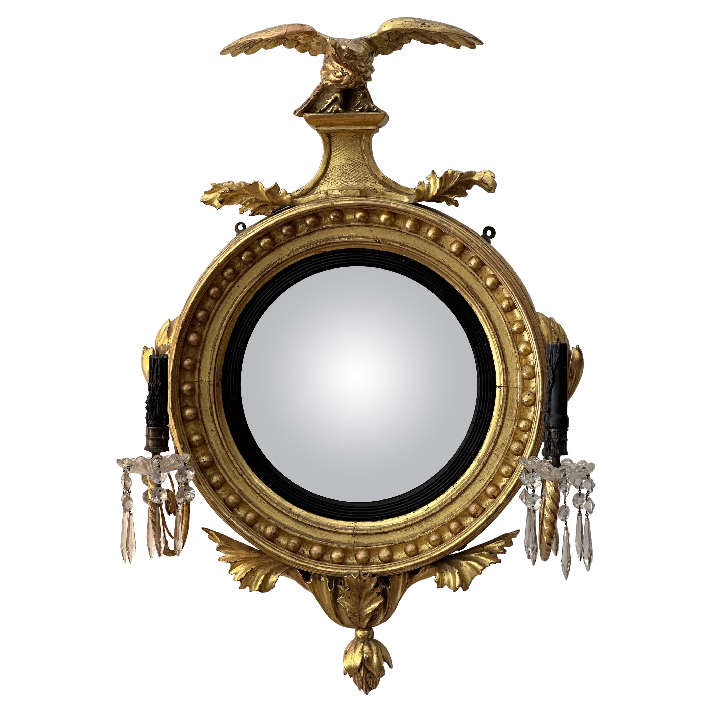 English Regency Period Giltwood Convex Girandole Mirror For Sale