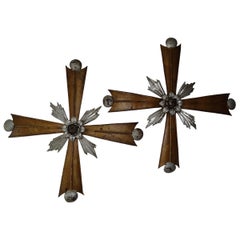 2 Italian Metal Tole Cross Rose Wall Decorations Stations of the Cross, c 1850