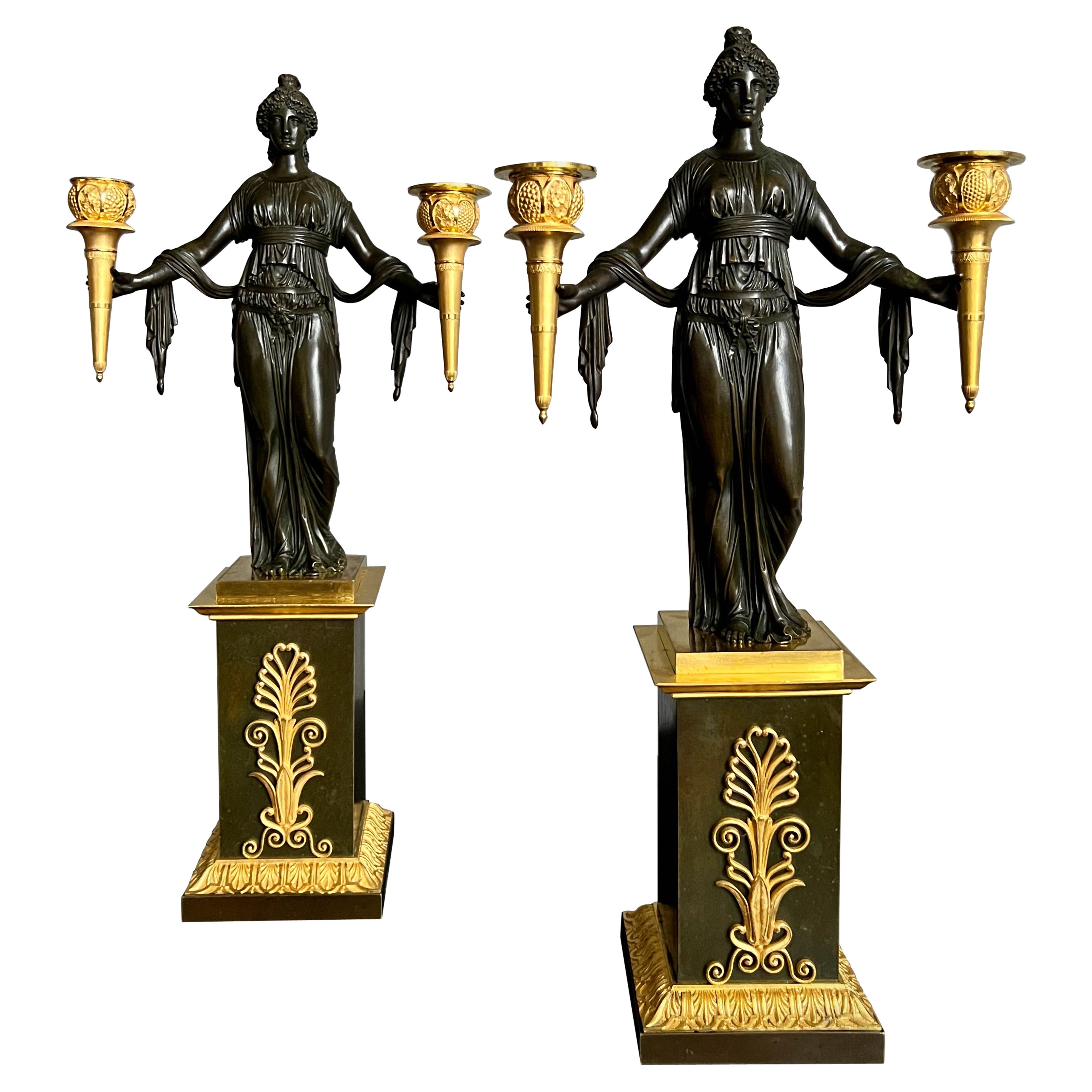 Pair of English 19th Century Gilt and Patinated Bronze Empire Candelabra