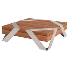 Minimalist Square Center Coffee Table in Tineo Wood and Brushed Stainless Steel