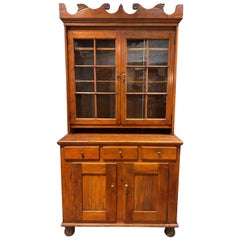 Antique 19th Century Stepback Cupboard with Glazed Doors & Unusual Carved Cornice
