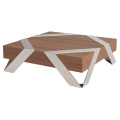 Minimalist Square Center Coffee Table in Walnut Wood and Brushed Stainless Steel
