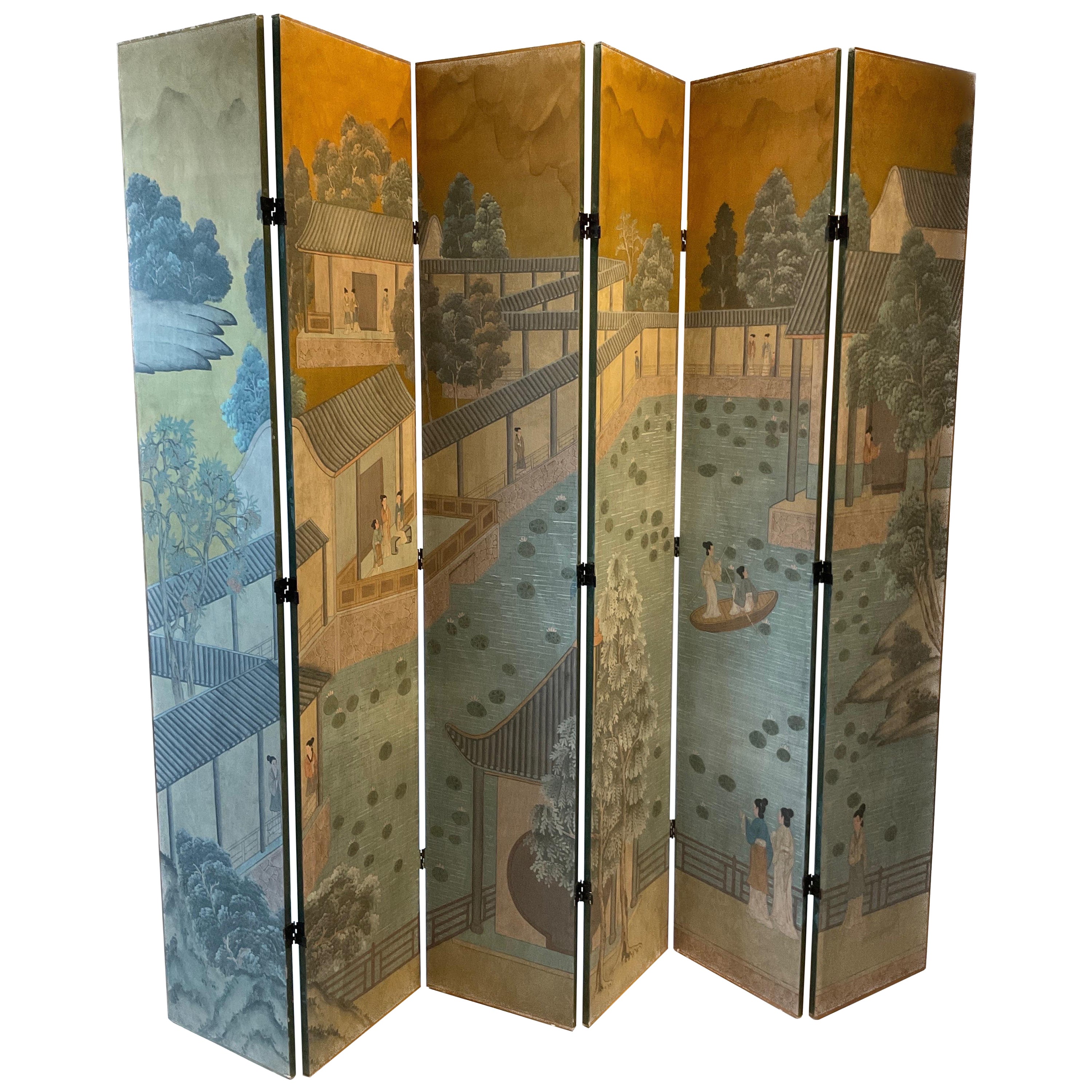1960s Hand Painted Asian 6 Panel  Wood Screen