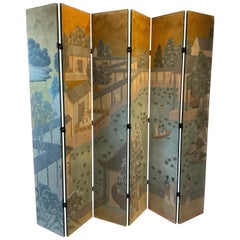 Retro 1960s Hand Painted Asian 6 Panel  Wood Screen