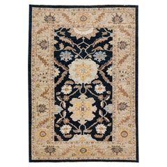 Dark Blue Modern Floral Sultanabad Handmade Wool Rug