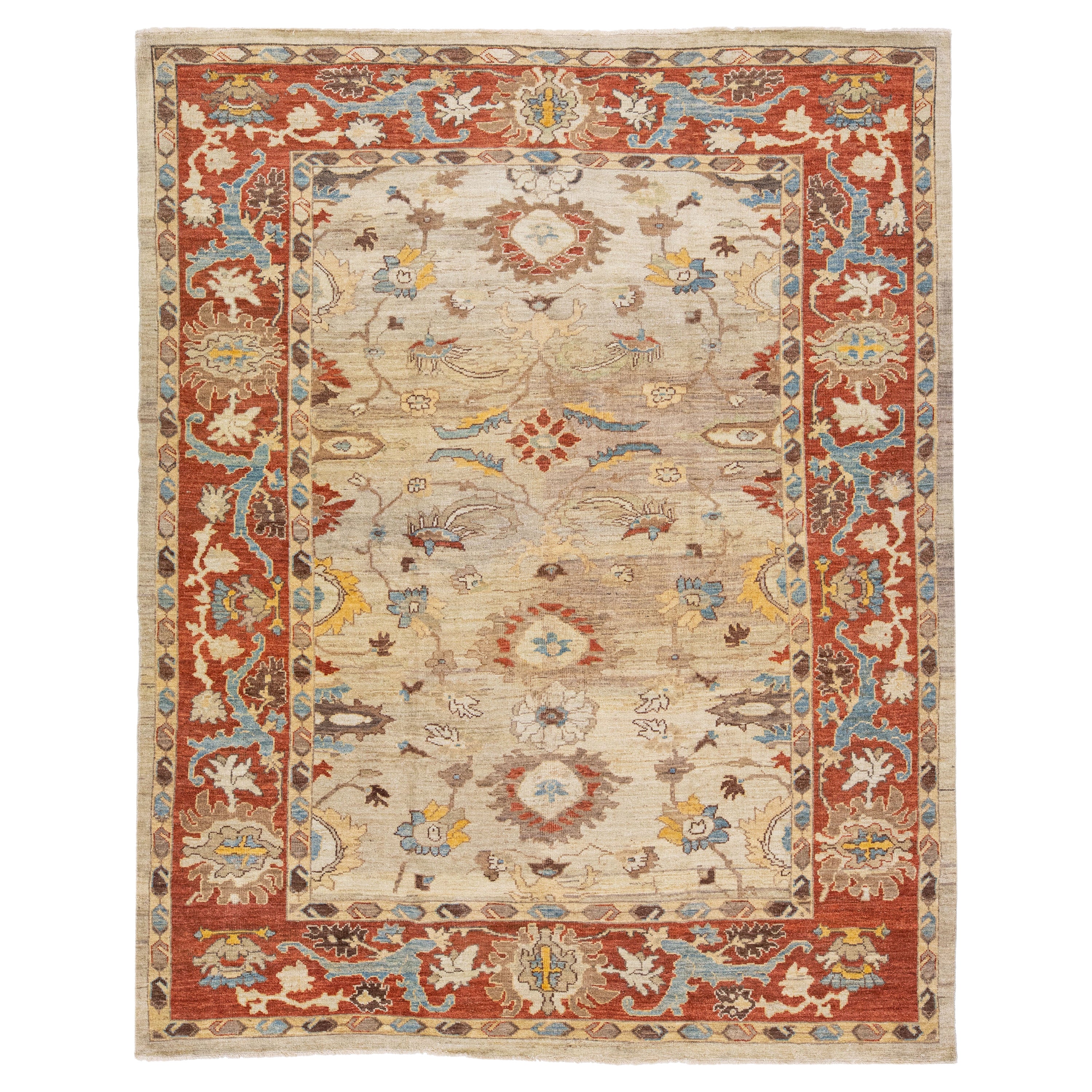 Modern Sultanabad Handmade Brown & Rust Wool Rug With Floral Motif For Sale