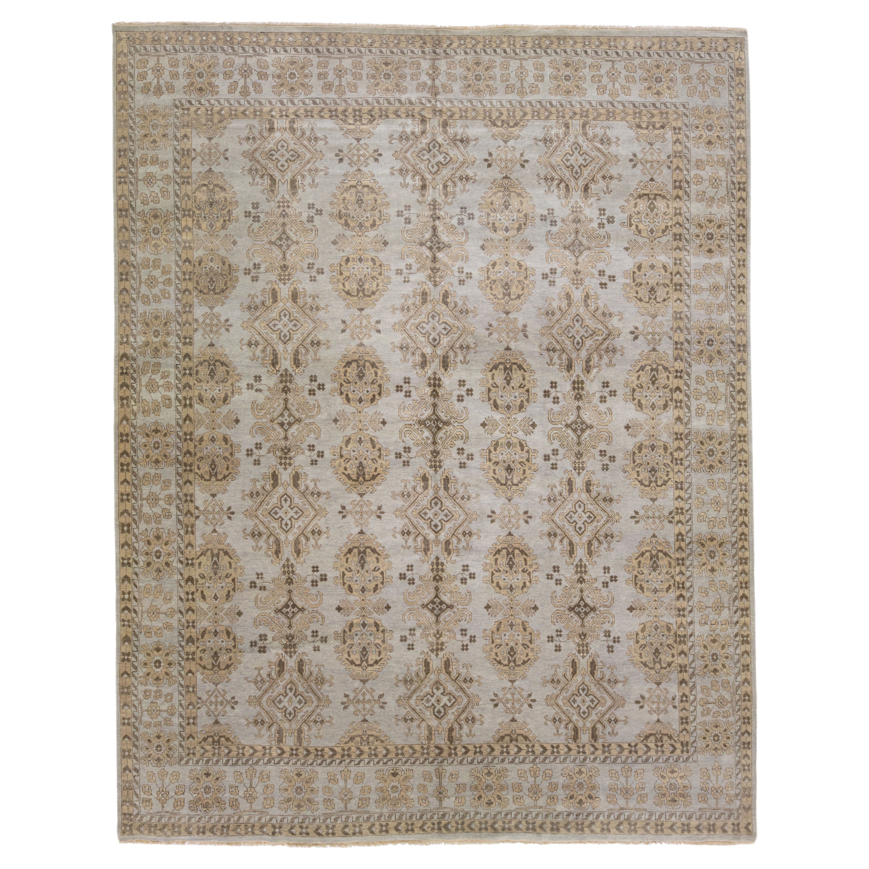 Modern Turkish Oushak Style Handmade Gray and Blue Wool Rug with