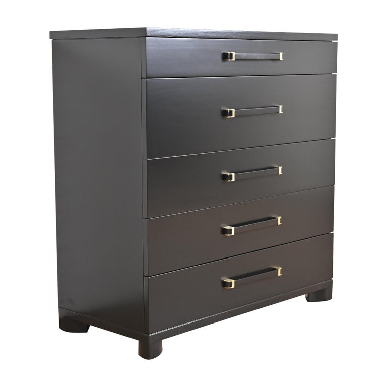 John Widdicomb Art Deco Black Lacquered Highboy Dresser, Newly Refinished For Sale