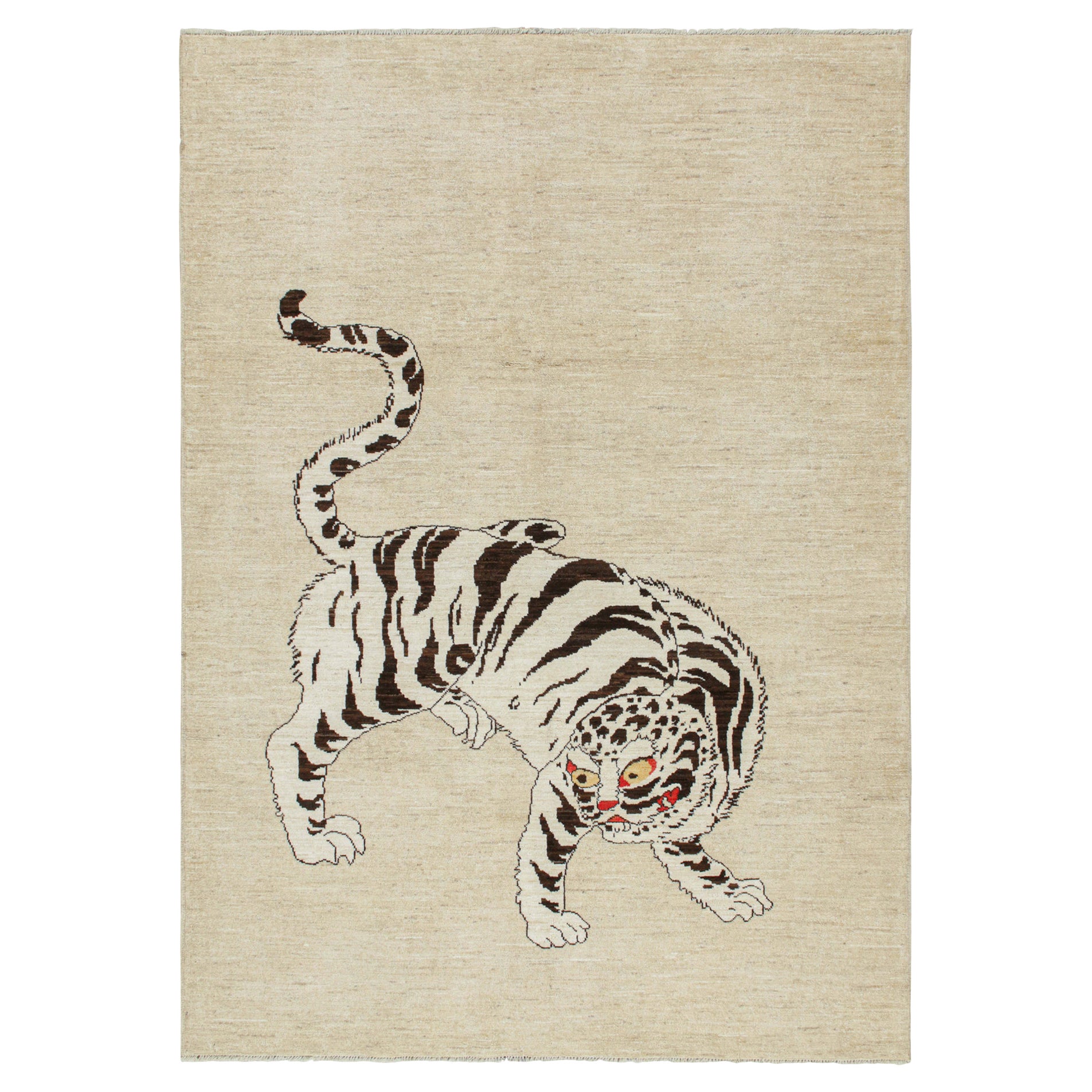 Rug & Kilim’s Classic Style Tiger Rug in Beige with White and Brown Pictorial For Sale