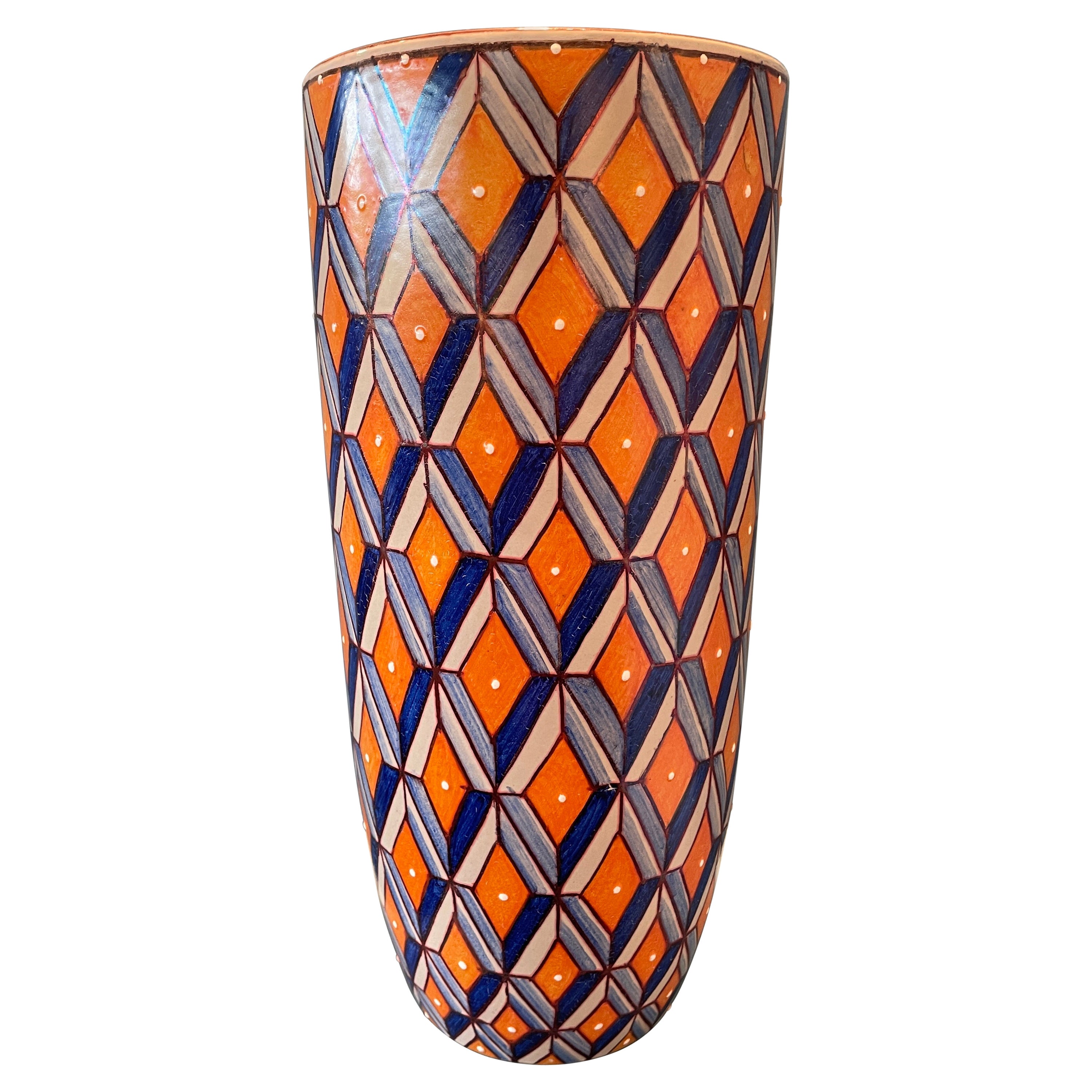 Vase en céramique orange et bleu peint à la main en majolique Italie Contemporary