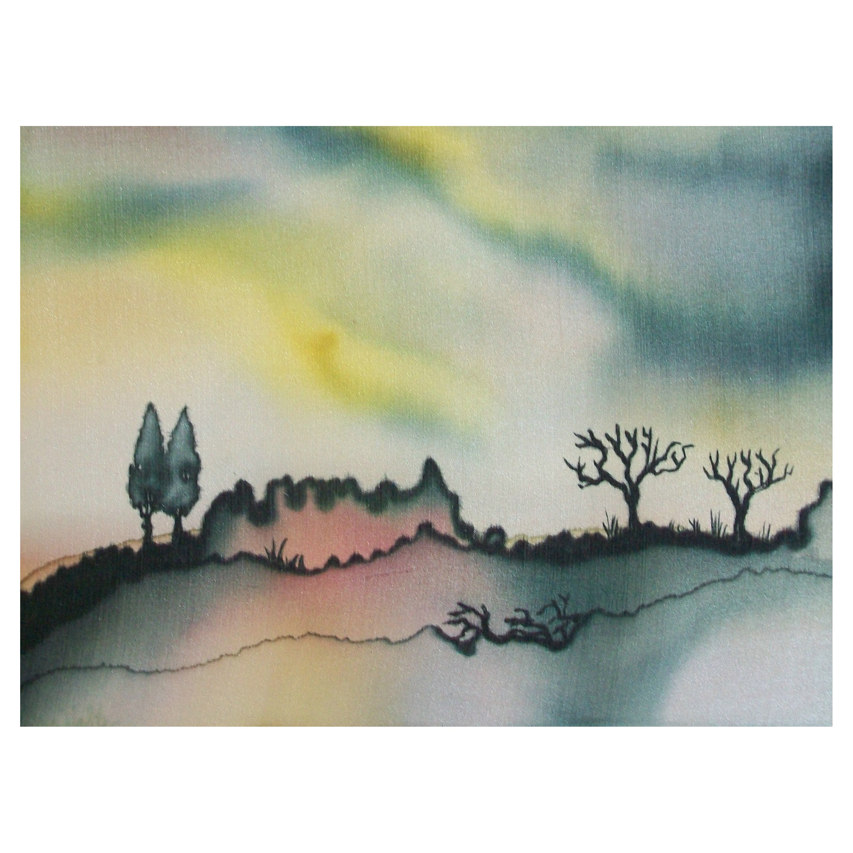 German Expressionist Landscape Painting on Silk, Unsigned, Mid 20th Century For Sale