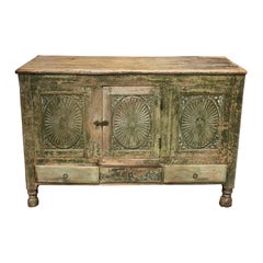19th C French Provincial Green Painted Carved Cabinet