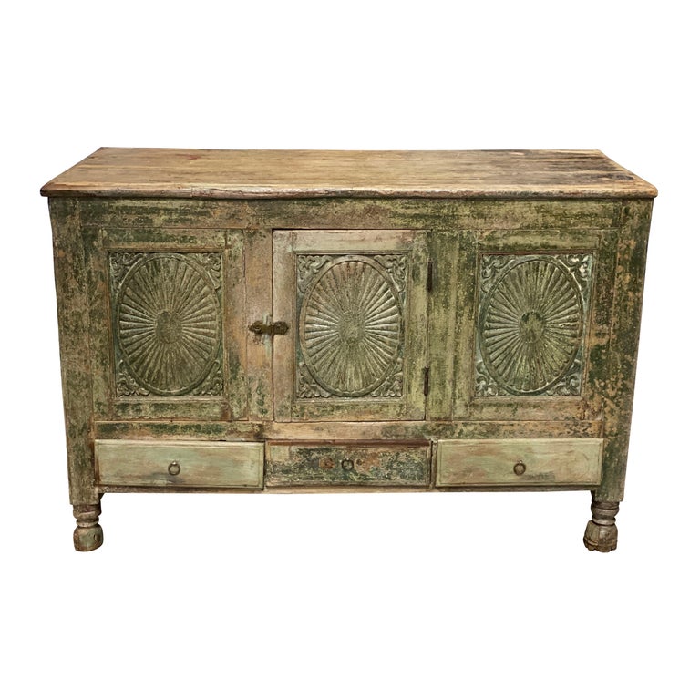 19th C French Provincial Green Painted Carved Cabinet For Sale