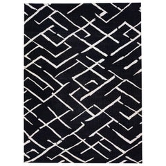 Black & White Modern Kilim Flatweave Wool Rug with Geometric Pattern
