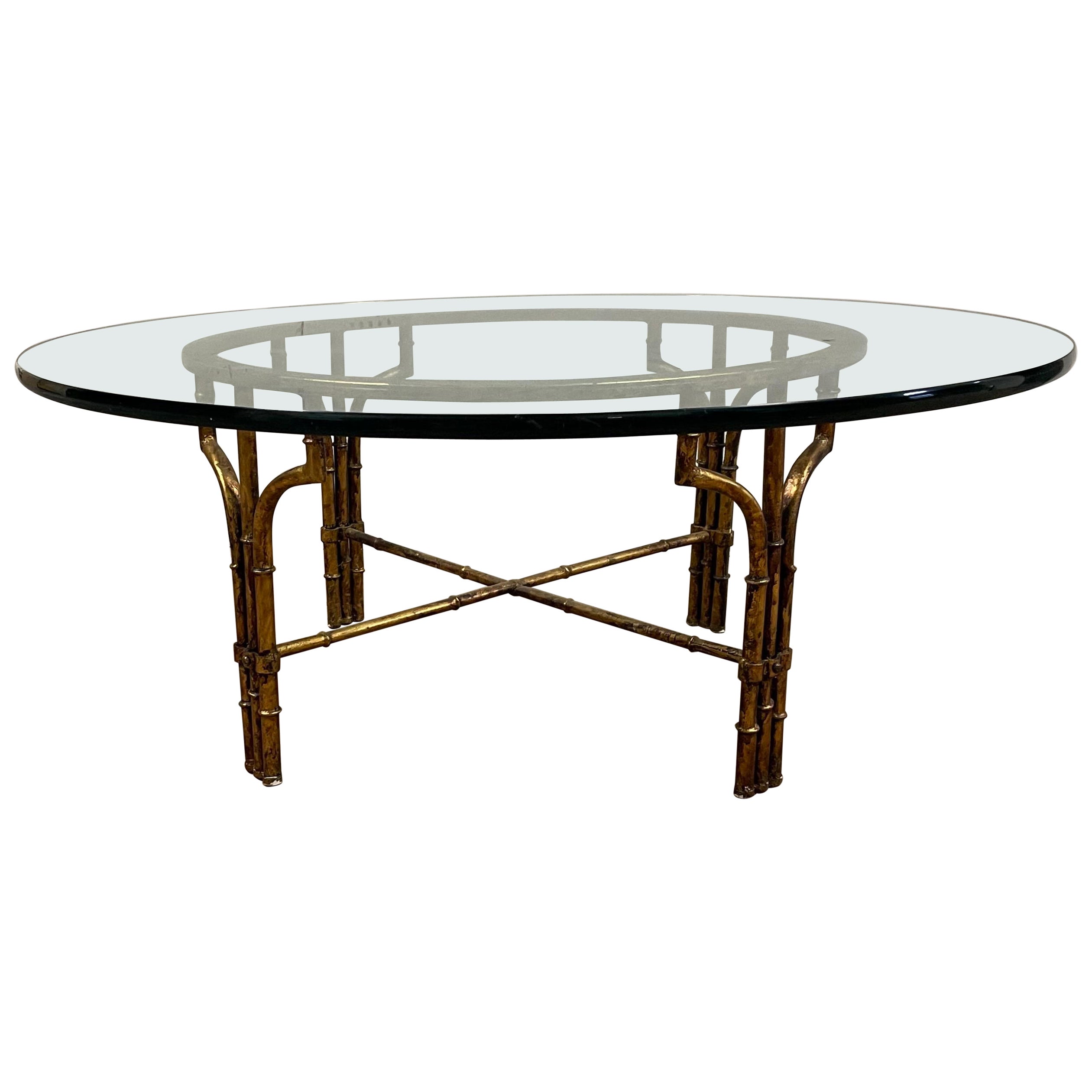 Italian Hollywood Regency Gold Gilt Faux Bamboo & Glass Round Cocktail Table