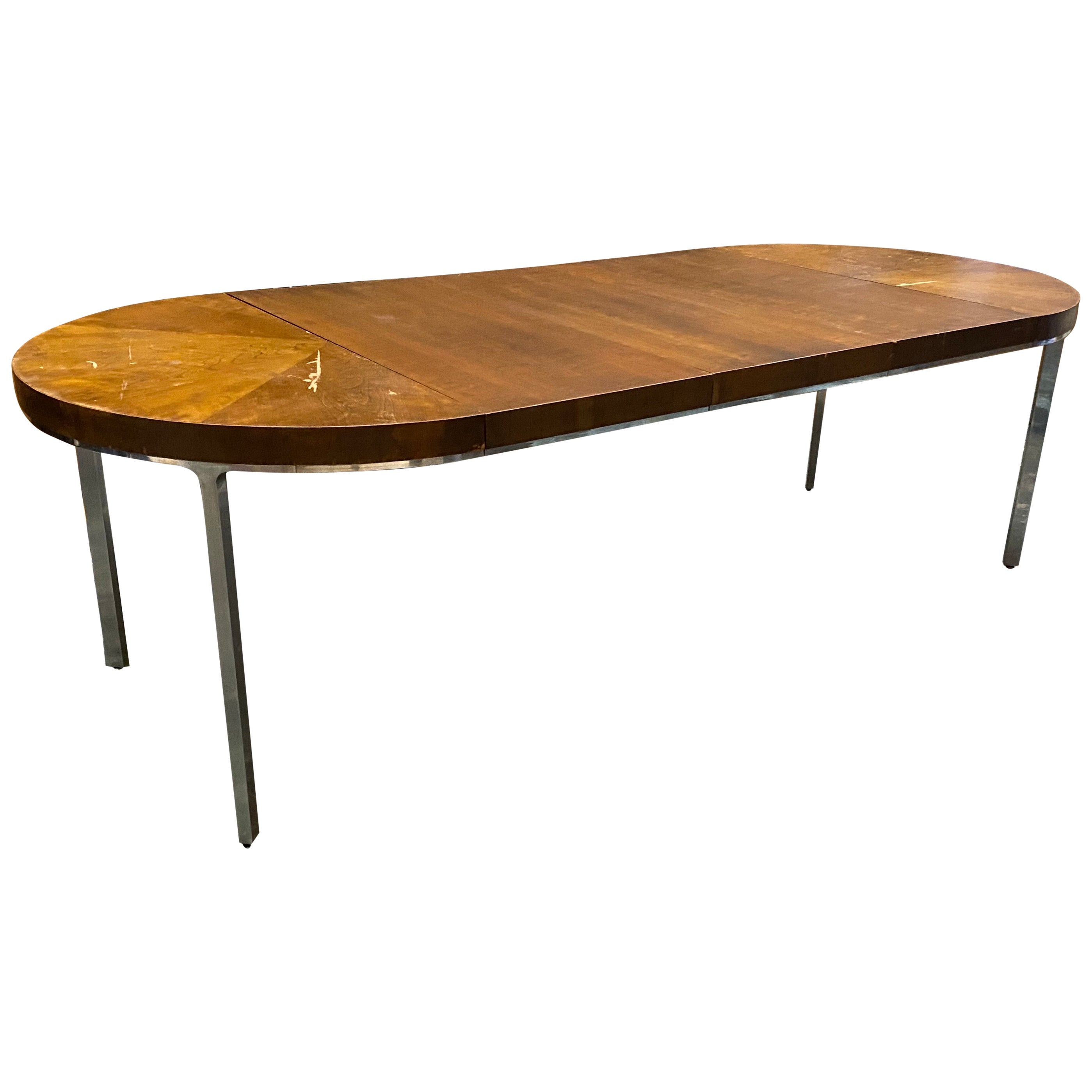 Modern Stainless Steel & Walnut Book-Matched Wood Round Extension Dining Table For Sale