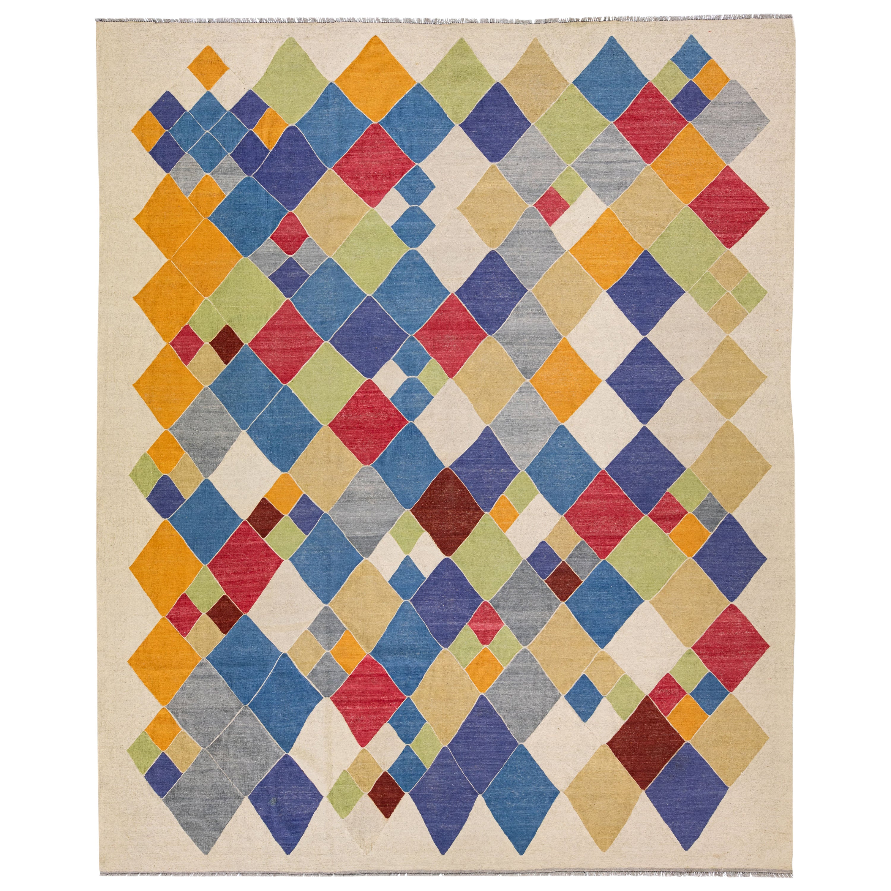 Moderner flachgewebter Kilim-Wollteppich mit geometrischem Multicolor-Muster