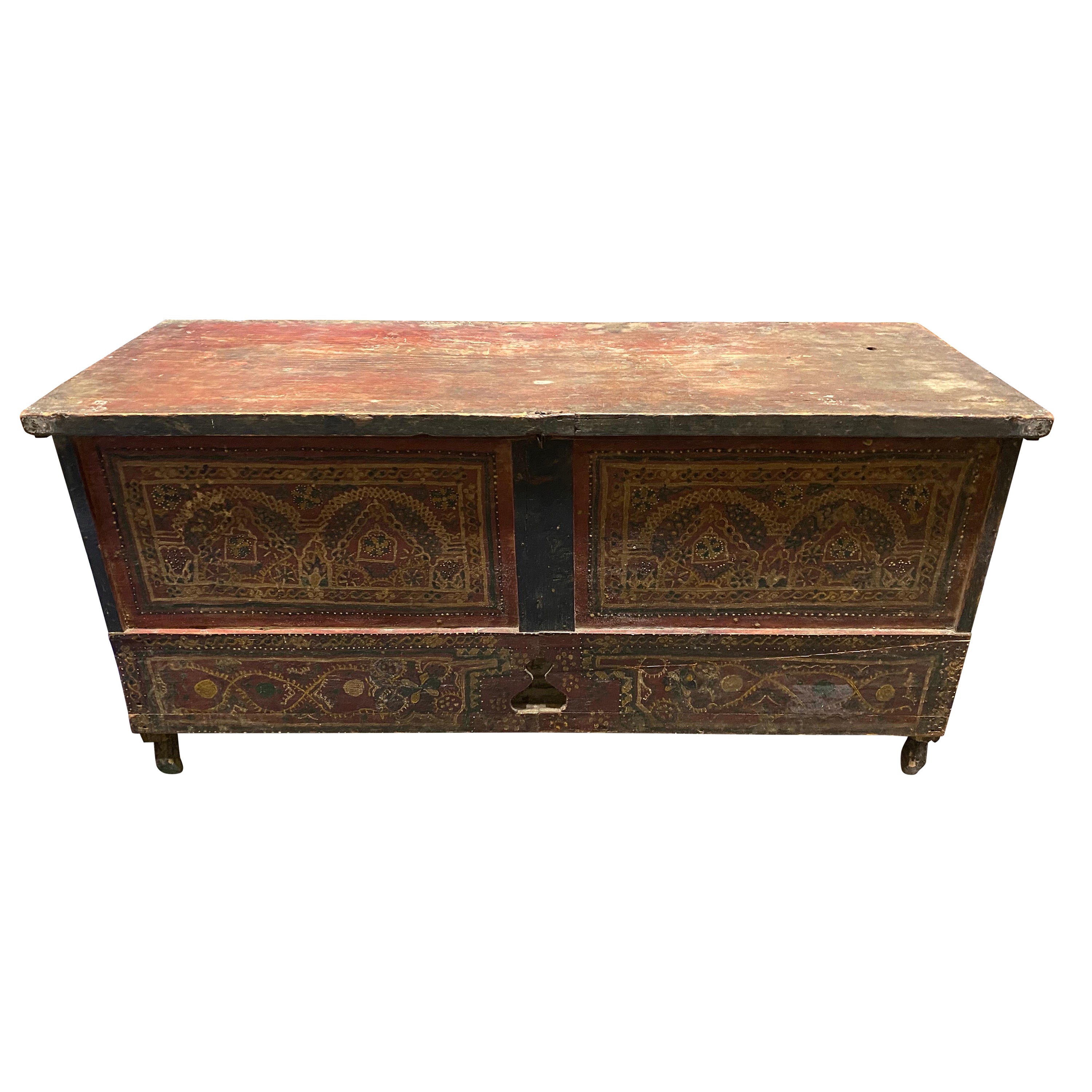 Late 19th Century French Red Painted Blanket Chest with Elaborate Decoration For Sale