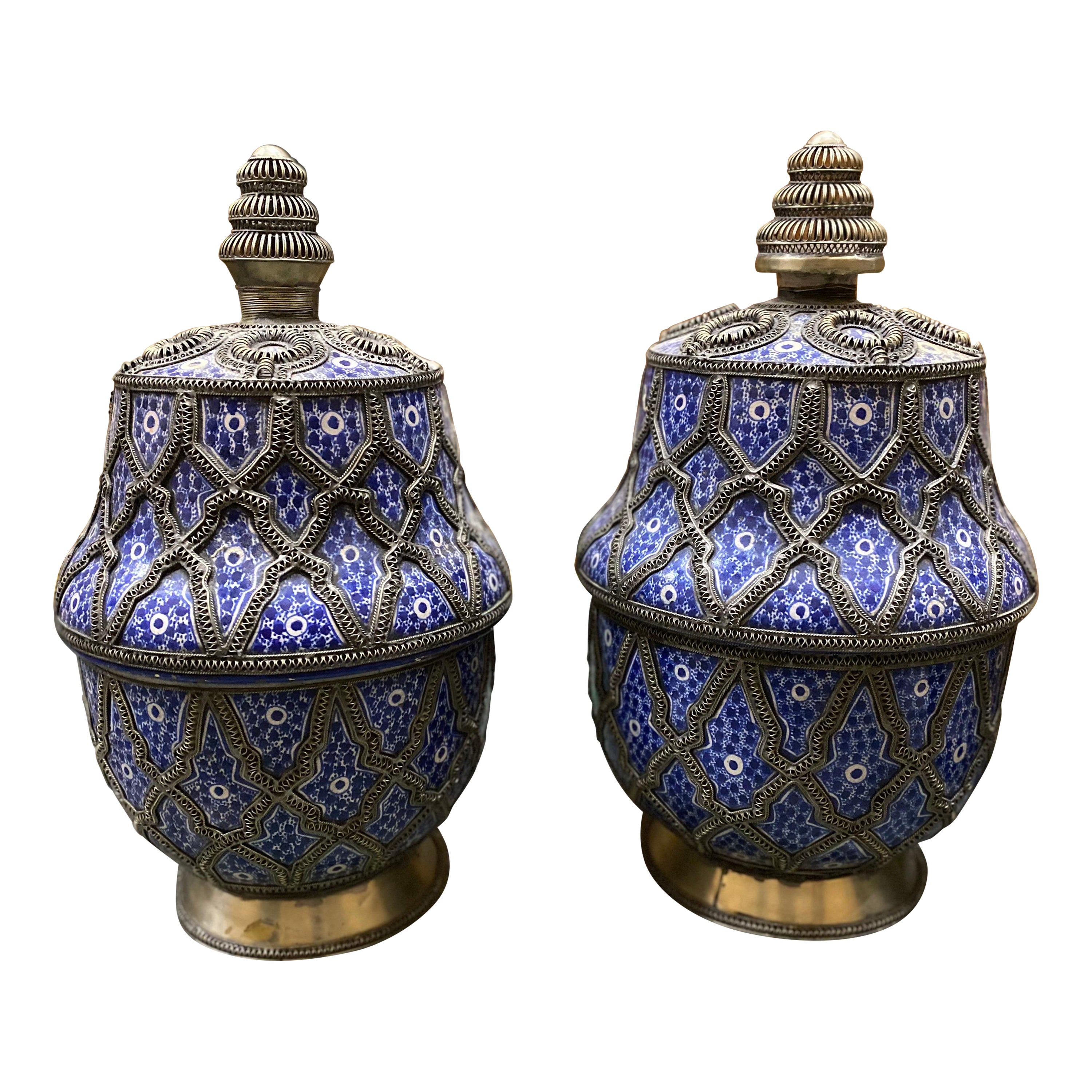 Matched Set of Blue Moroccan Vases with Tops, Late 20th Century For Sale