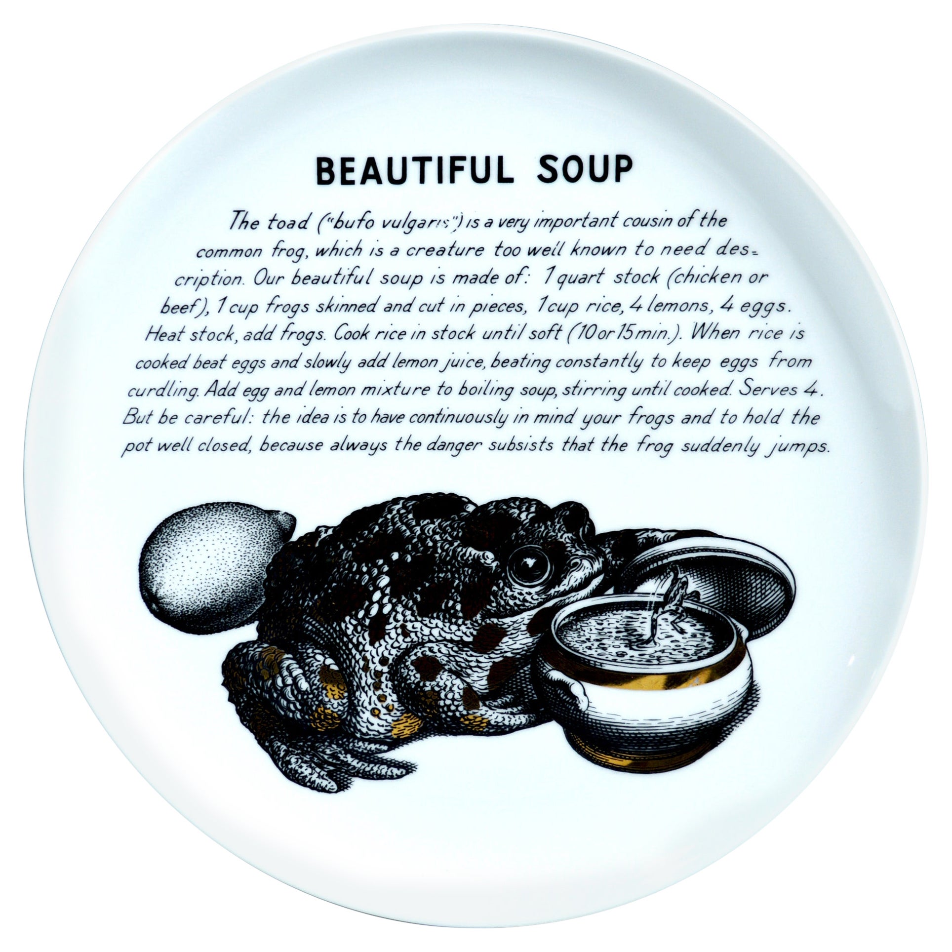 Assiette à recette en porcelaine Piero Fornasetti, belle soupe, réalisée pour Fleming Joffe en vente