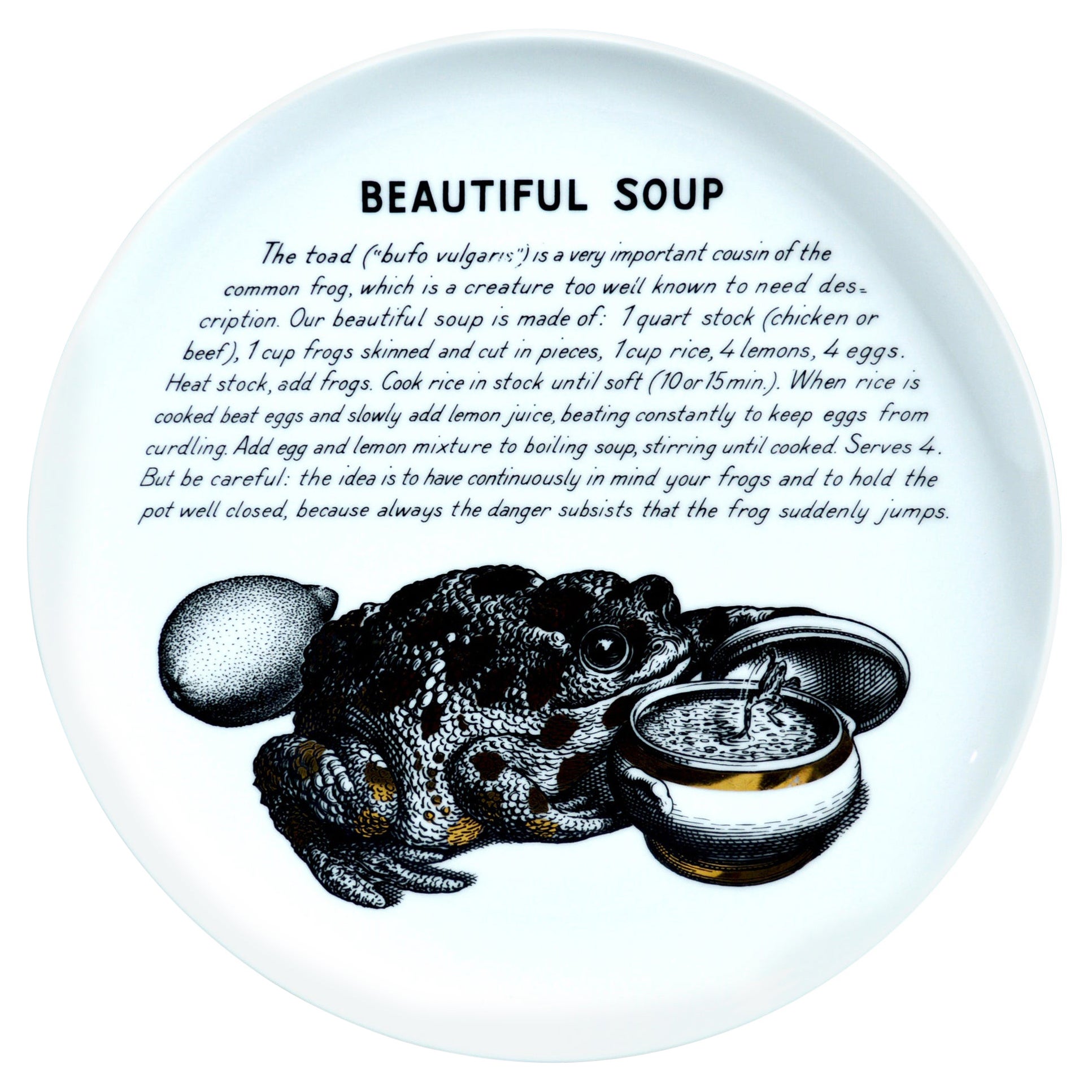 Plato de recetas de porcelana Piero Fornasetti, Bonita sopa, hecho para Fleming Joffe