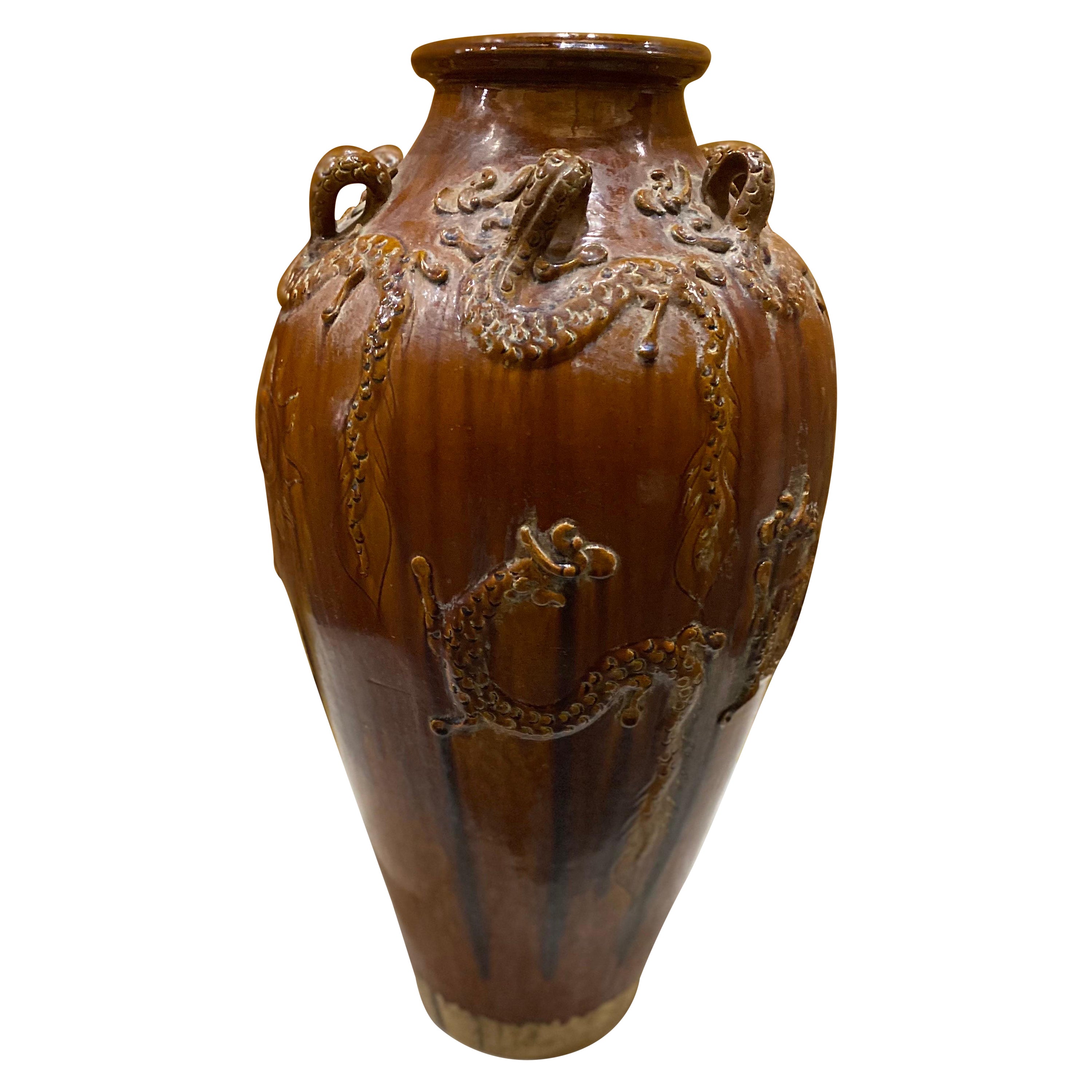 Large Chinese Ochre Brown Glaze Martaban Jar with Dragon Motifs