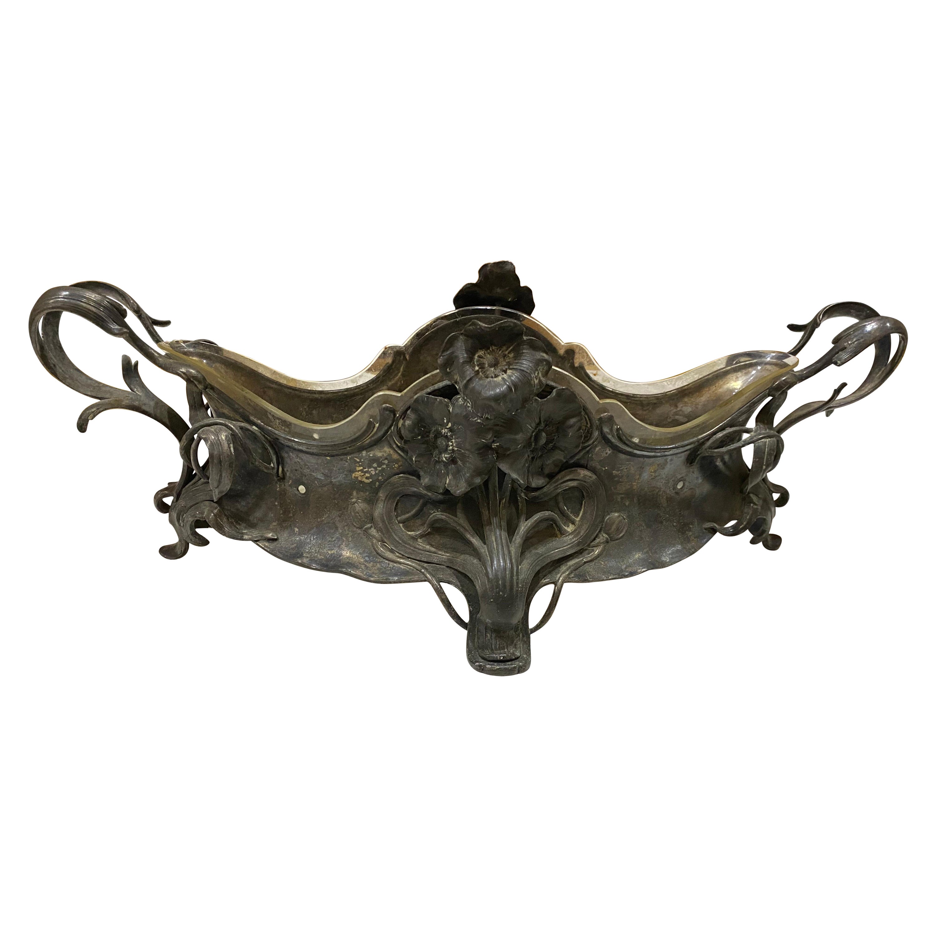 Vaso di papavero in peltro Art Nouveau francese con coperchio di vetro