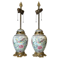 Pair of French Chinese Export Style  Porcelain and Gilt Bronze Table Lamps