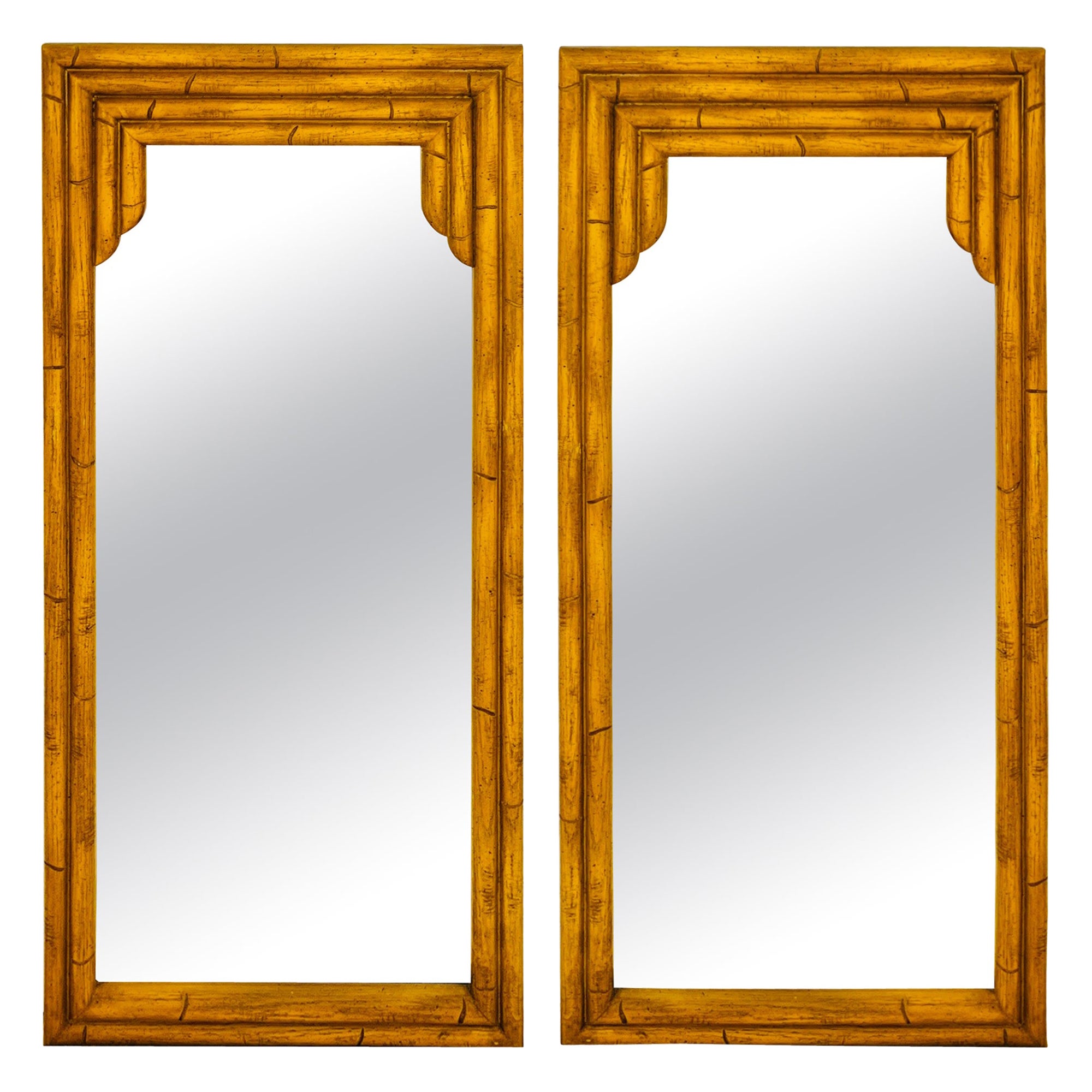 Pair of Pagoda Bamboo Mirrors In Wood and Resin, c. 1970's