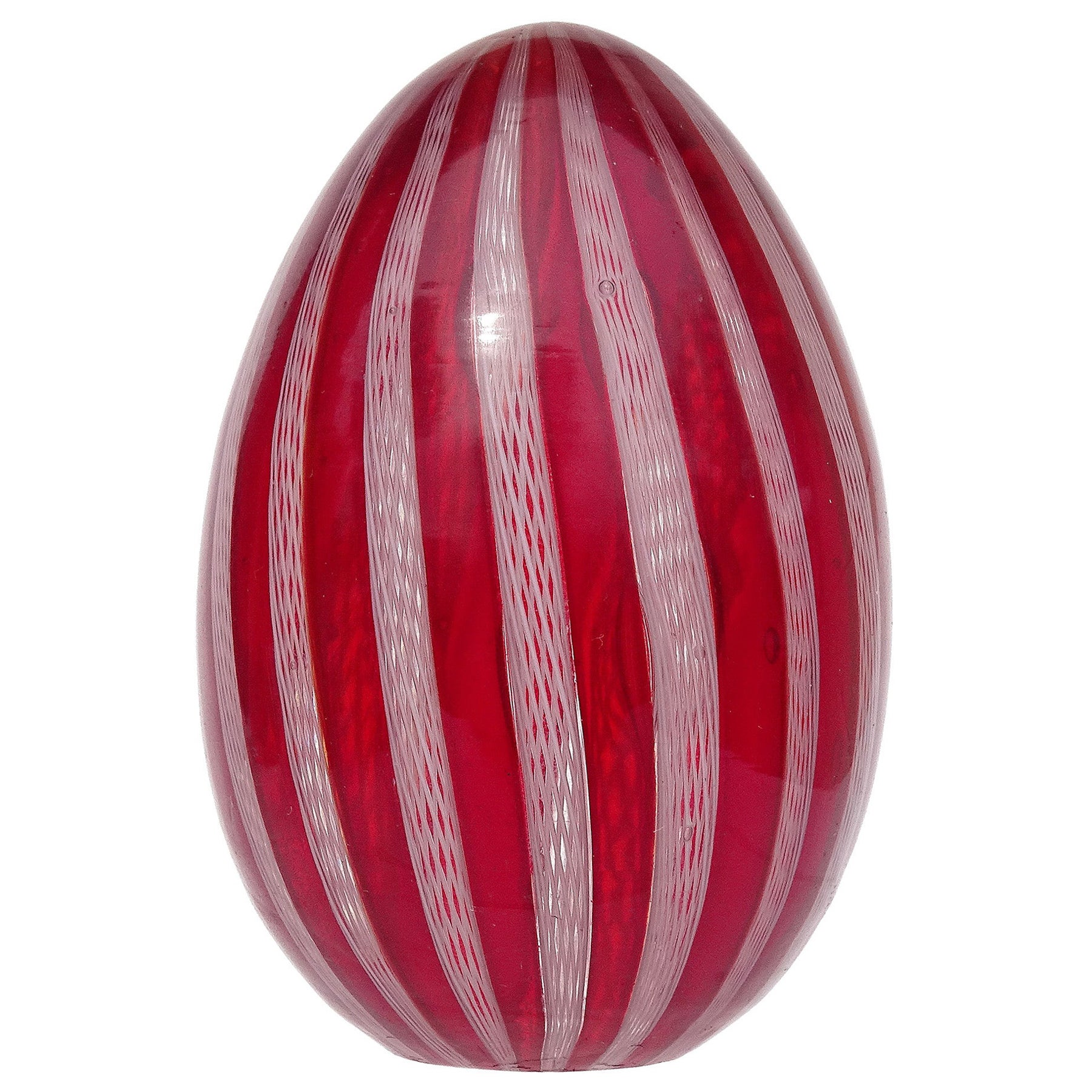 Murano Vintage Red White Zanfirico Ribbons Italian Art Glass Egg Paperweight