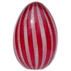 Murano Vintage Red White Zanfirico Ribbons Italian Art Glass Egg Paperweight