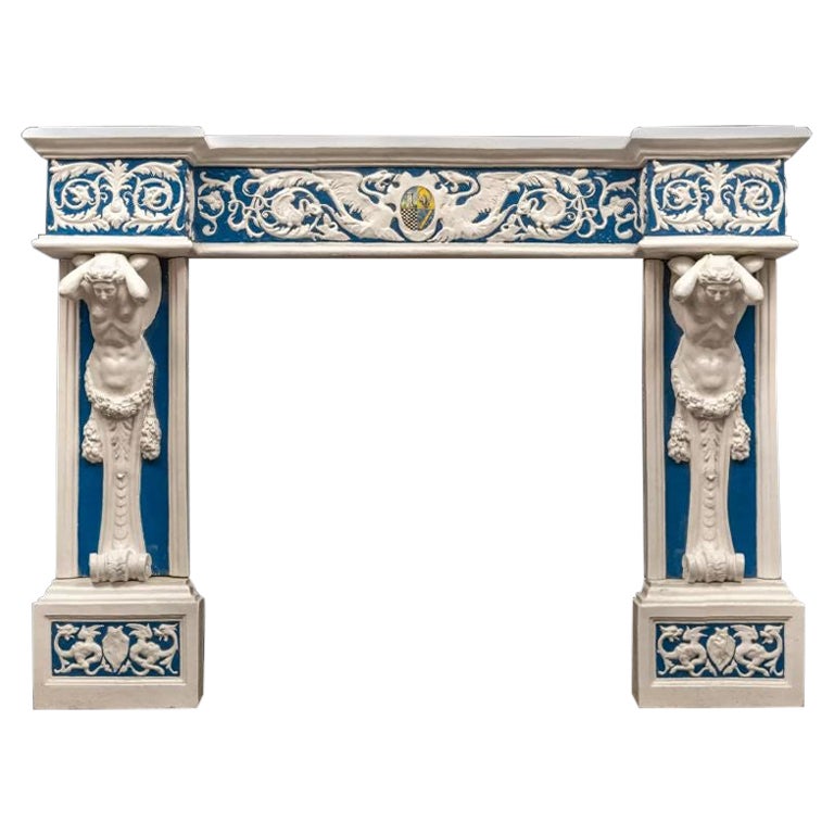 19th Century Glazed Blue & White Pottery Fireplace, circa 1885 For Sale