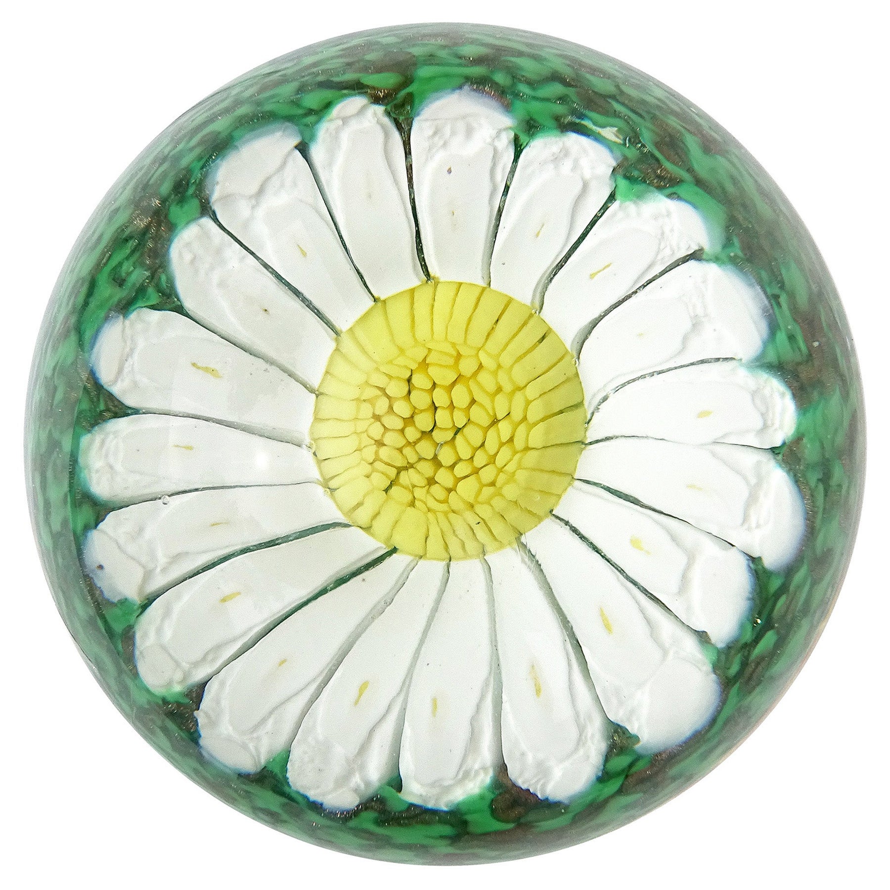 Fratelli Toso Murano White Yellow Daisy Flower Italian Art Glass Paperweight For Sale