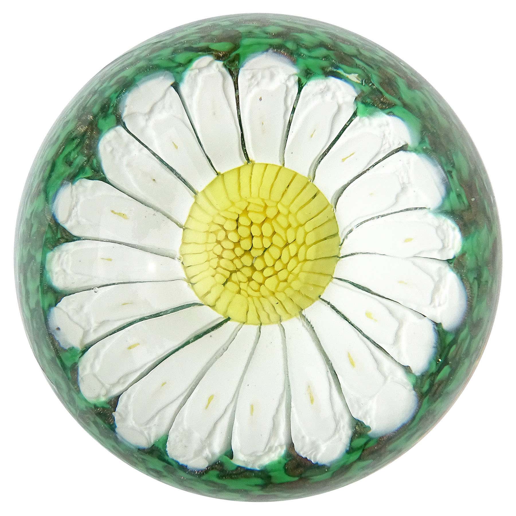 Pisapapeles de cristal artístico italiano Fratelli Toso Flor de margarita amarilla blanca de Murano
