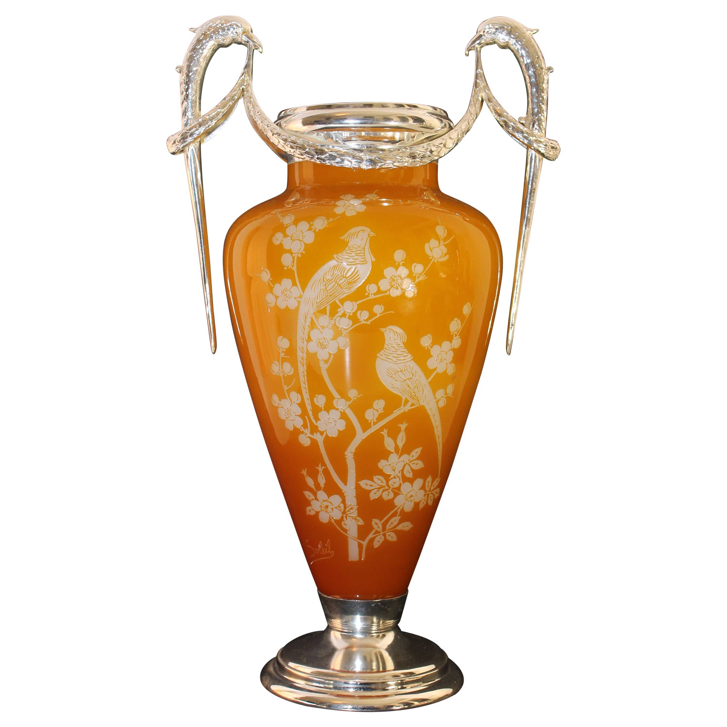 Soleil _ French Cameo Glass Signed Two Handle Vase Silver Mounted, 1900s, Wow! For Sale