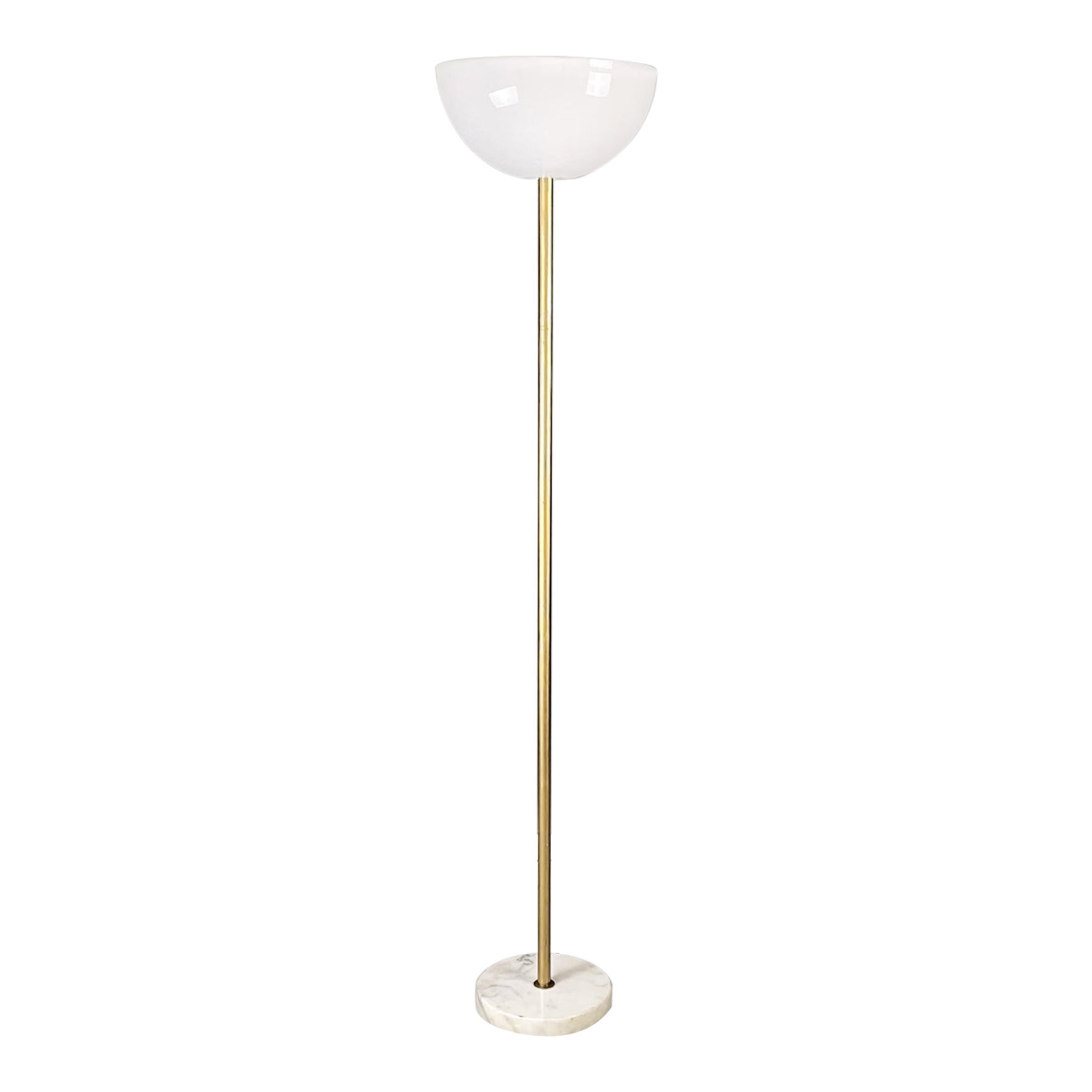 Italian Modern Floor lamp in opaline plexiglass, marble and golden metal, 1970s For Sale