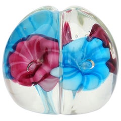 Fratelli Toso Murano Dark Pink Sky Blue Flowers Italian Art Glass Paperweight