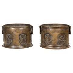 Pair of English 1920s Copper Cache-Pot Planters with Etched Foliage Decor