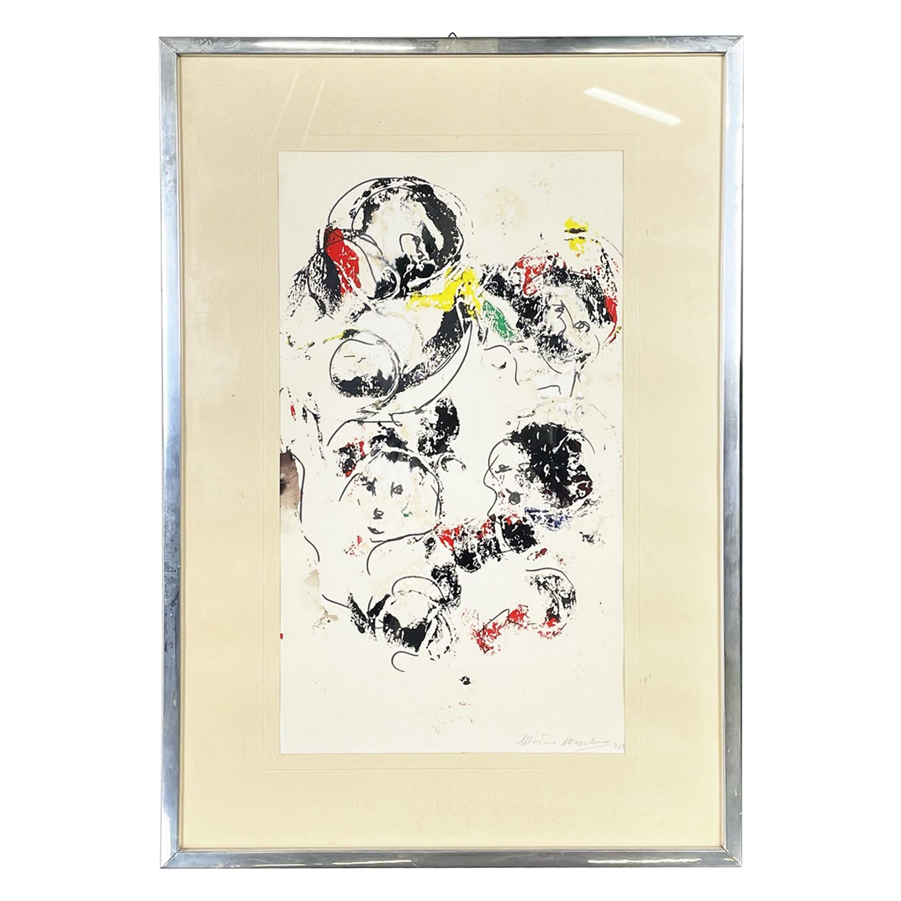 Italian Modern Abstract Mixed Media Painting on Paper and Metal Frame, 1972