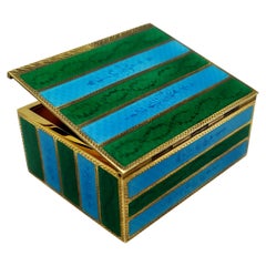 Vintage Snuff Box Sterling Silver Green and Sky Stripes Guilloche Enamel Box Salimbeni