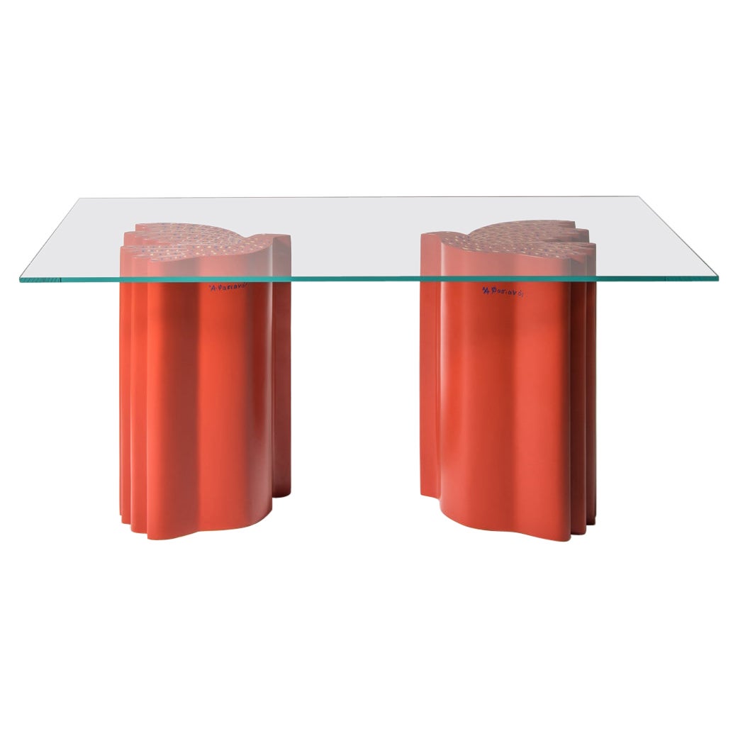 Wooden Red Dining Table with Birds by Alekos Fassianos For Sale
