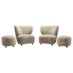 Scandinavian Easy Chairs in Sheepskin with Ottomans, Scandinavia, Ca 1950s