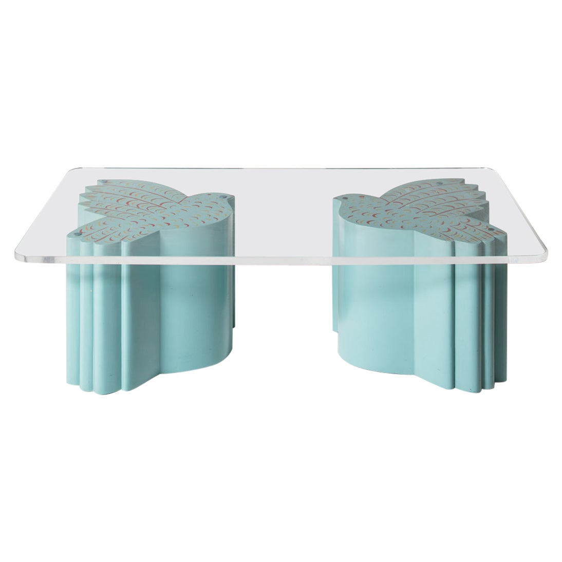 Table basse bleue en bois avec oiseaux par Alekos Fassianos en vente